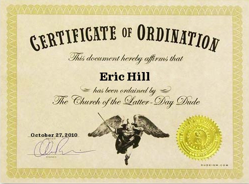 Reverend Eric's Certificate of ordination