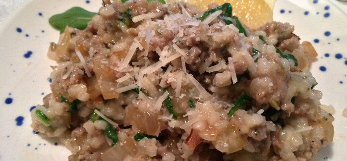 Risotto with Italian Sausage, Caramelized Onions and Arugula